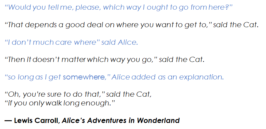 “Would you tell me, please, which way I ought to go from here?”“That depends a good deal on where you want to get to,” said the Cat.“I don’t much care where” said Alice.“Then it doesn’t matter which way you go,” said the Cat.“so long as I get somewhere,” Alice added as an explanation.“Oh, you’re sure to do that,” said the Cat, “if you only walk long enough.”  — Lewis Carroll, Alice’s Adventures in Wonderland